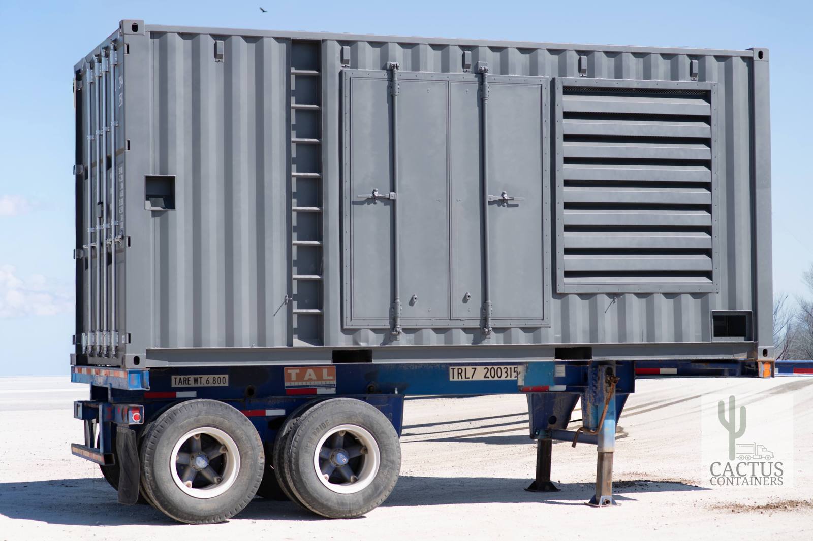 A Cactus Containers generator enclosure loaded on a trailer, ready to leave the yard